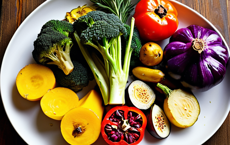 **
A vibrant and colorful display of roasted vegetables on a white serving platter. Include red bell peppers, yellow squash, purple eggplant, and green broccoli. Garnish with fresh herbs like rosemary and pomegranate seeds. Focus on the visual appeal and diverse textures of the vegetables. Use a warm, inviting lighting. Show the dish from a slightly overhead angle to highlight the arrangement.
**