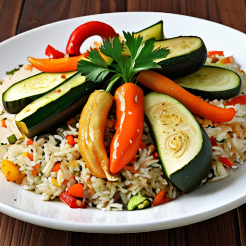 **

Roasted vegetables (zucchini, red bell pepper, onion, carrot) arranged around a serving of Turkish rice pilaf. The vegetables are caramelized and slightly browned. Garnish with fresh parsley.

**